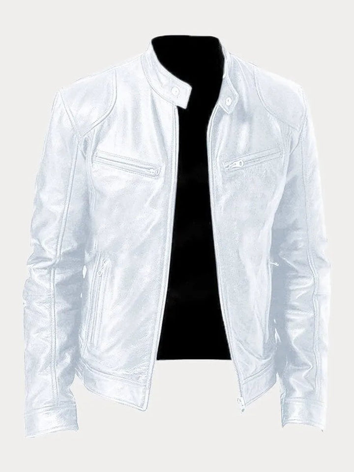 Men's Slim-Fit Moto Leather Mens Quilted Jacket Stand Collar - White