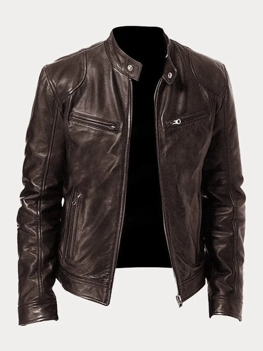 Men's Slim-Fit Moto Leather Mens Quilted Jacket Stand Collar - Brown