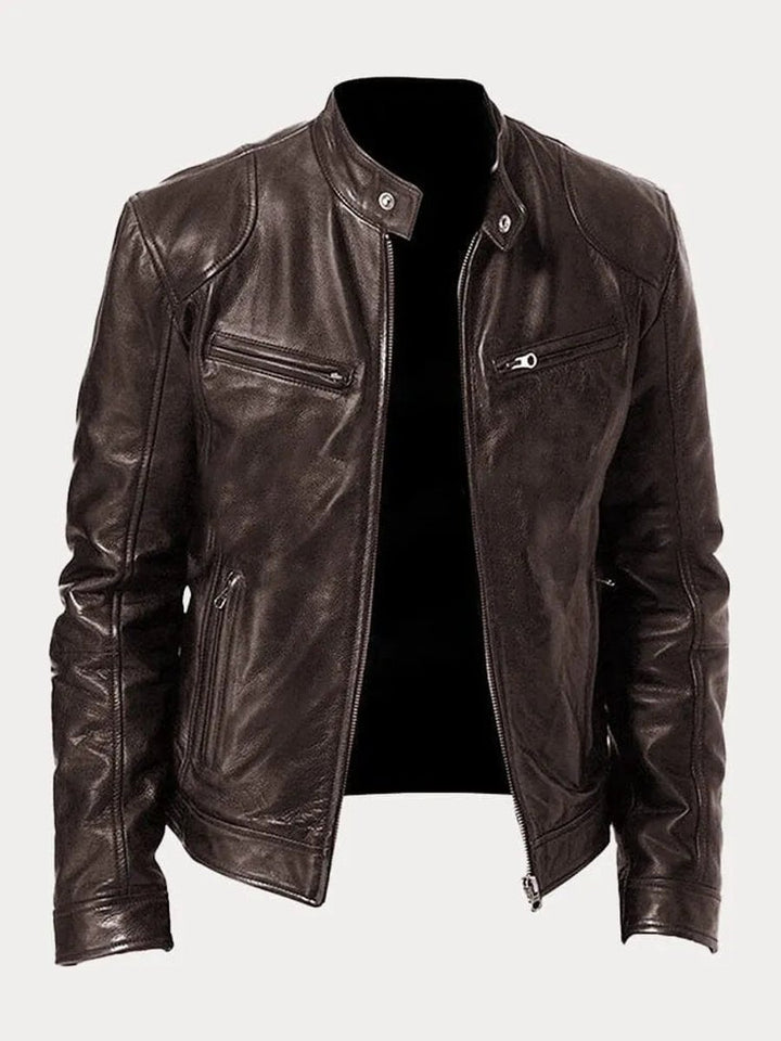 Men's Slim-Fit Moto Leather Mens Quilted Jacket Stand Collar - Brown