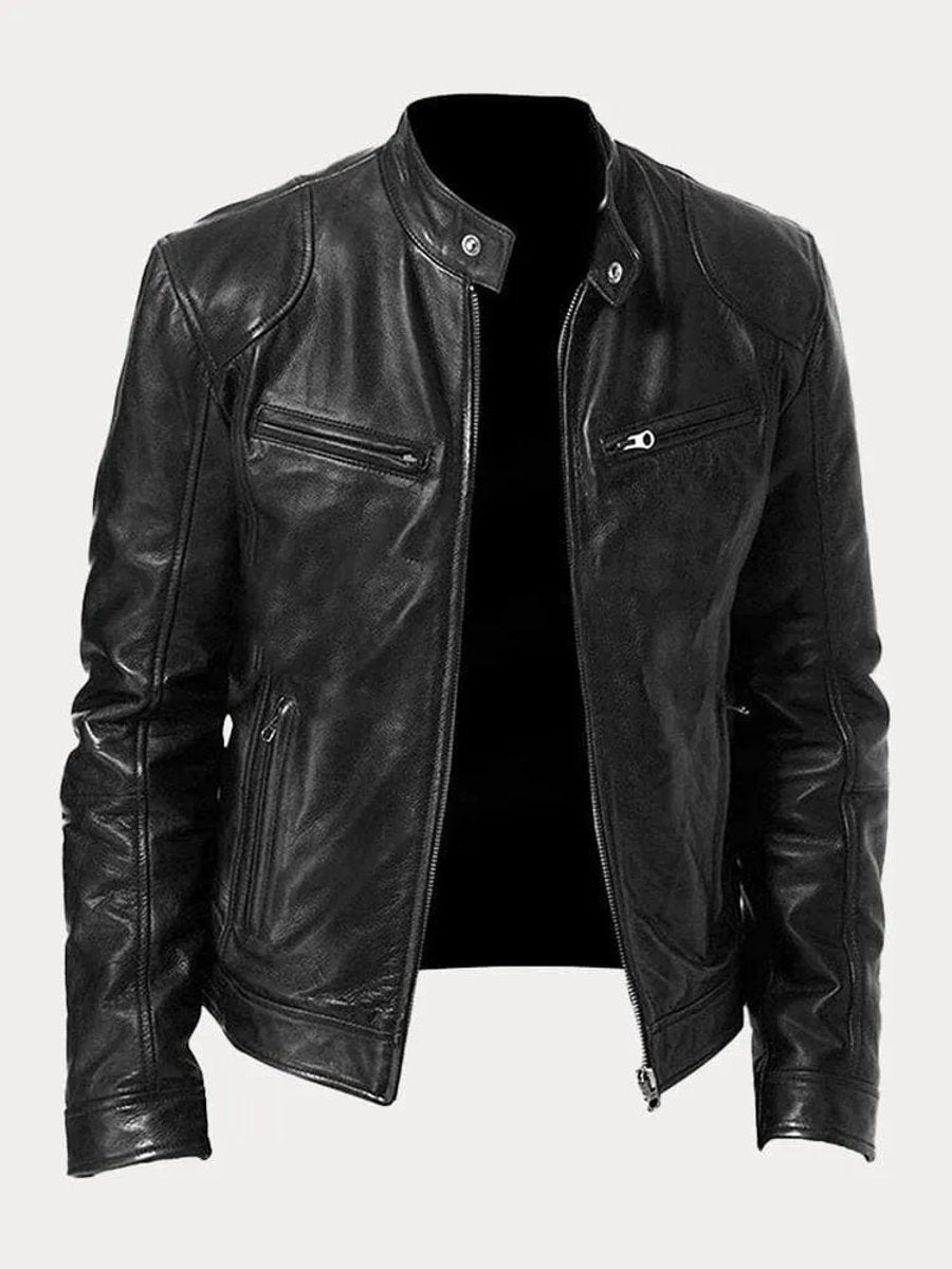 Men's Slim-Fit Moto Leather Mens Quilted Jacket Stand Collar - Black