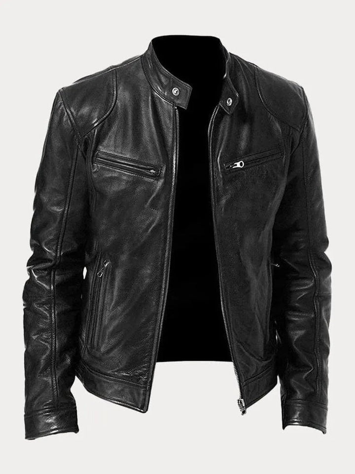Men's Slim-Fit Moto Leather Mens Quilted Jacket Stand Collar - Black