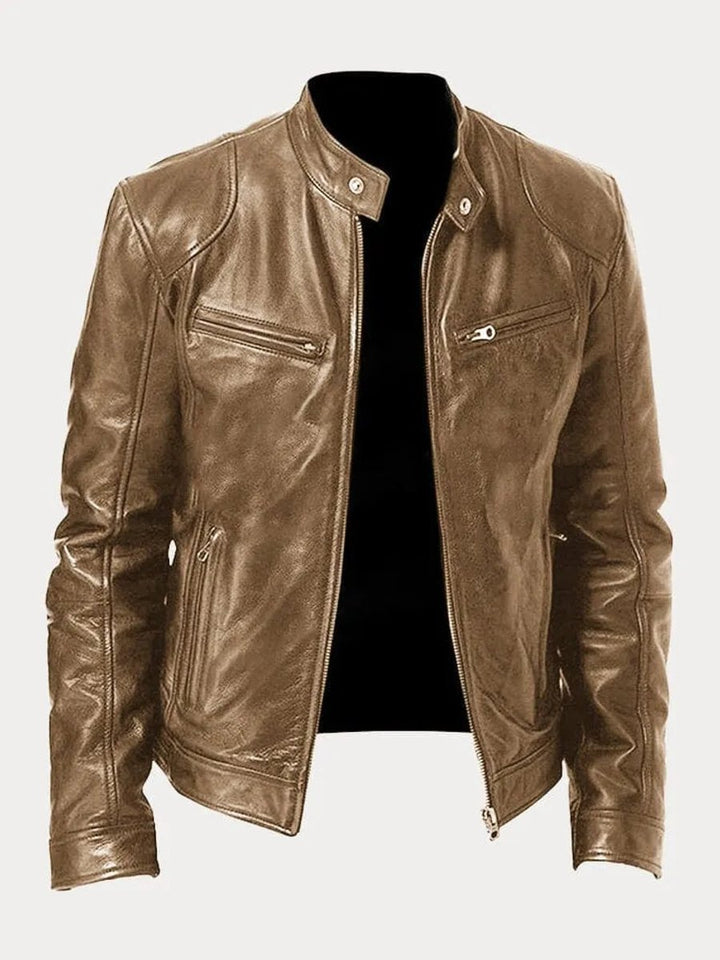 Men's Slim-Fit Moto Leather Mens Quilted Jacket Stand Collar - Khaki