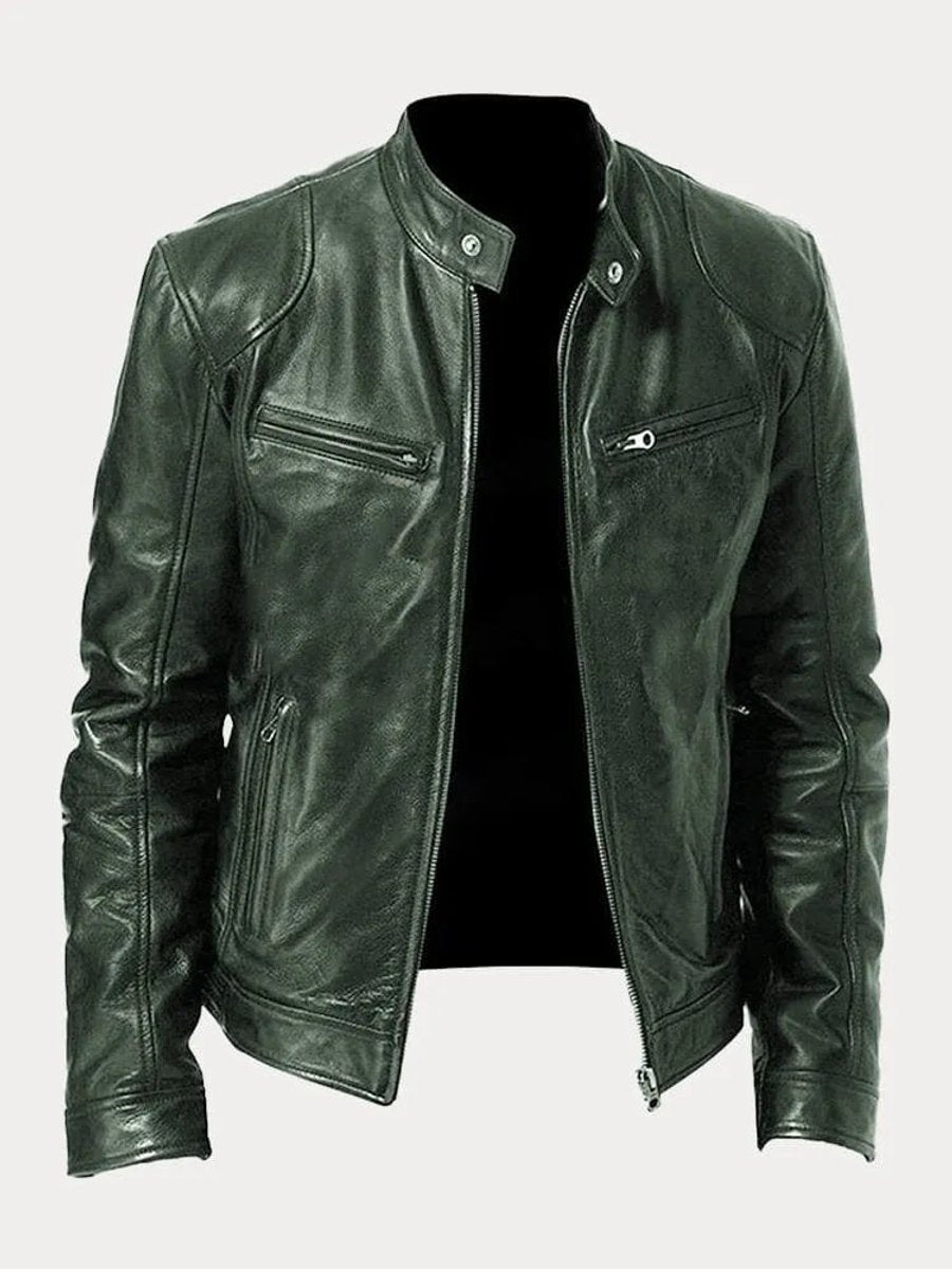 Men's Slim-Fit Moto Leather Mens Quilted Jacket Stand Collar - Military Green