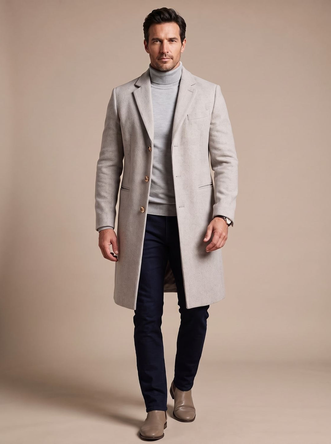 Men's Slim-Fit Notch Lapel Long Wool-Blend Overcoat