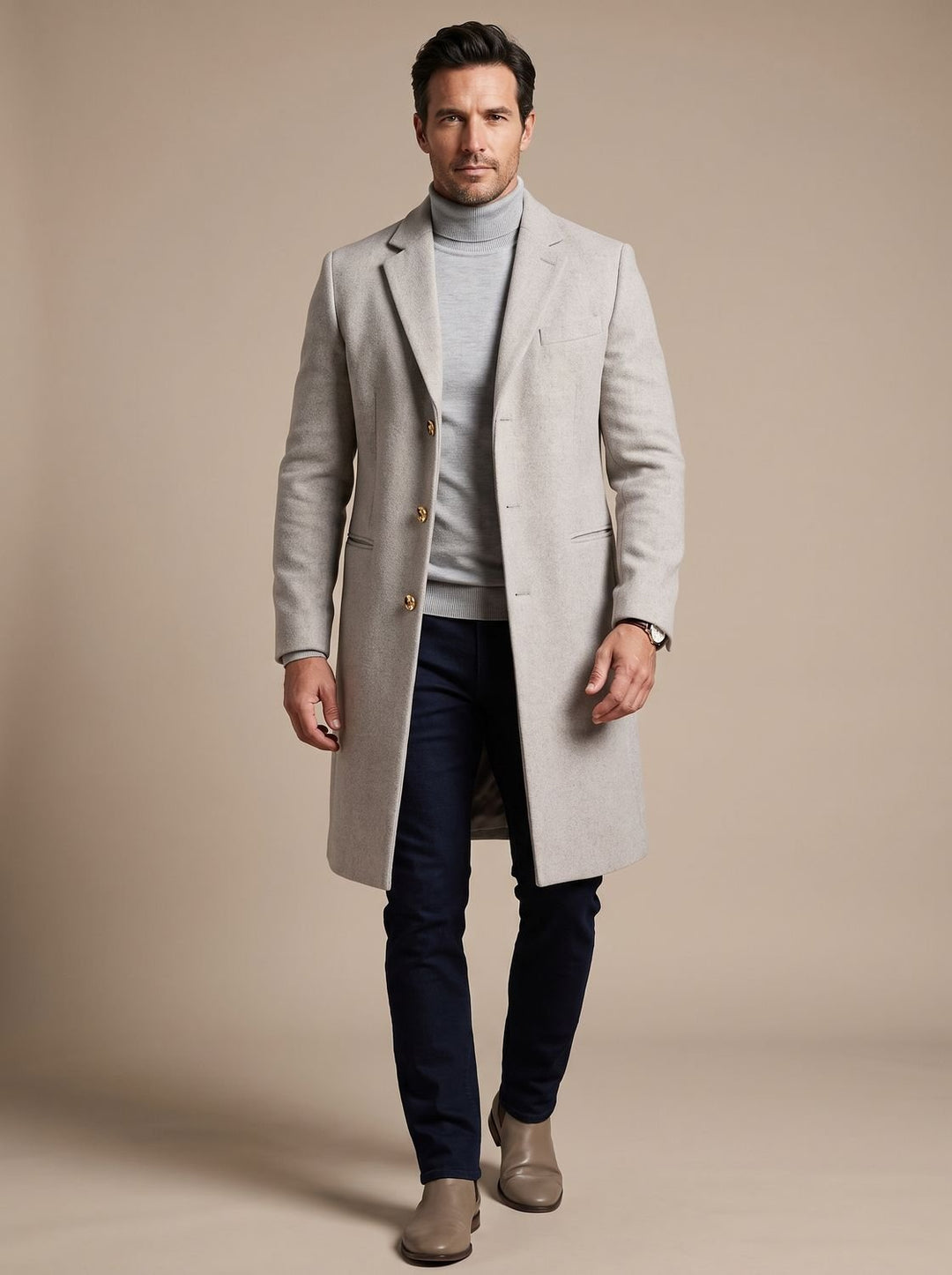 Men's Slim-Fit Notch Lapel Long Wool-Blend Overcoat - Gray