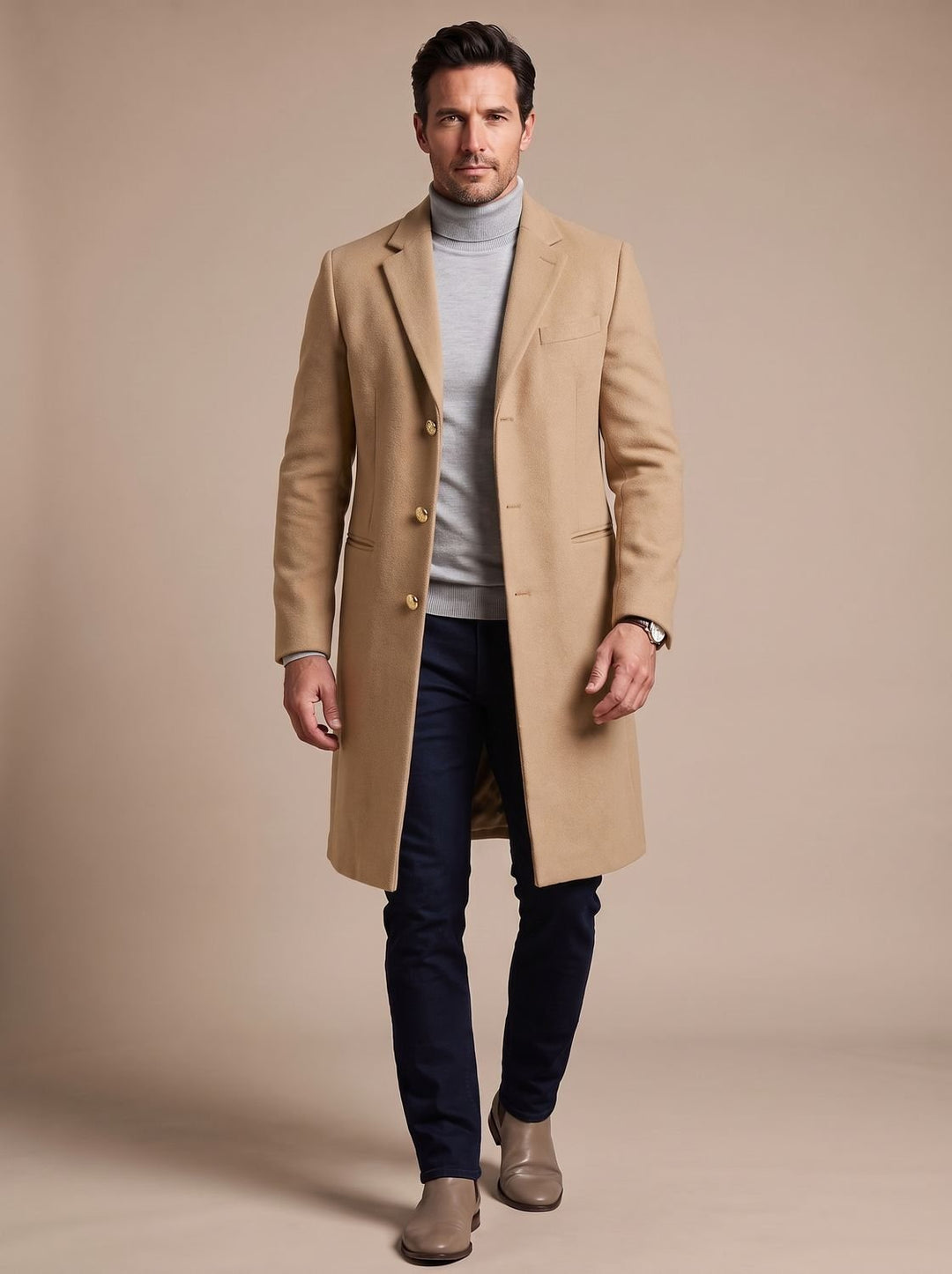 Men's Slim-Fit Notch Lapel Long Wool-Blend Overcoat - Camel