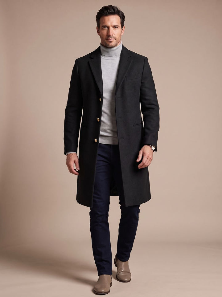 Men's Slim-Fit Notch Lapel Long Wool-Blend Overcoat - Black