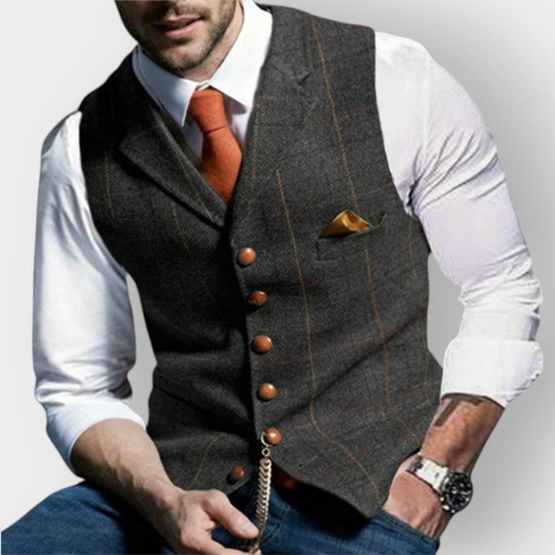 Men's Slim-Fit Plaid Tweed Button-Up Mens Gilet Vest - Dark Gray