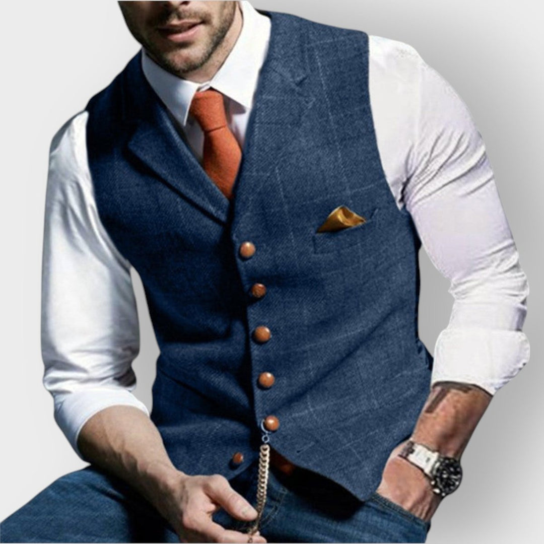 Men's Slim-Fit Plaid Tweed Button-Up Mens Gilet Vest - Blue
