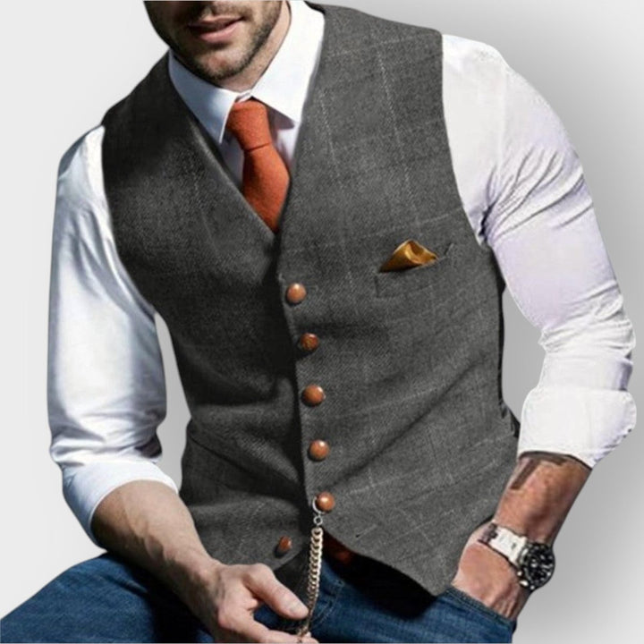 Men's Slim-Fit Plaid Tweed Button-Up Mens Gilet Vest - Light Gray