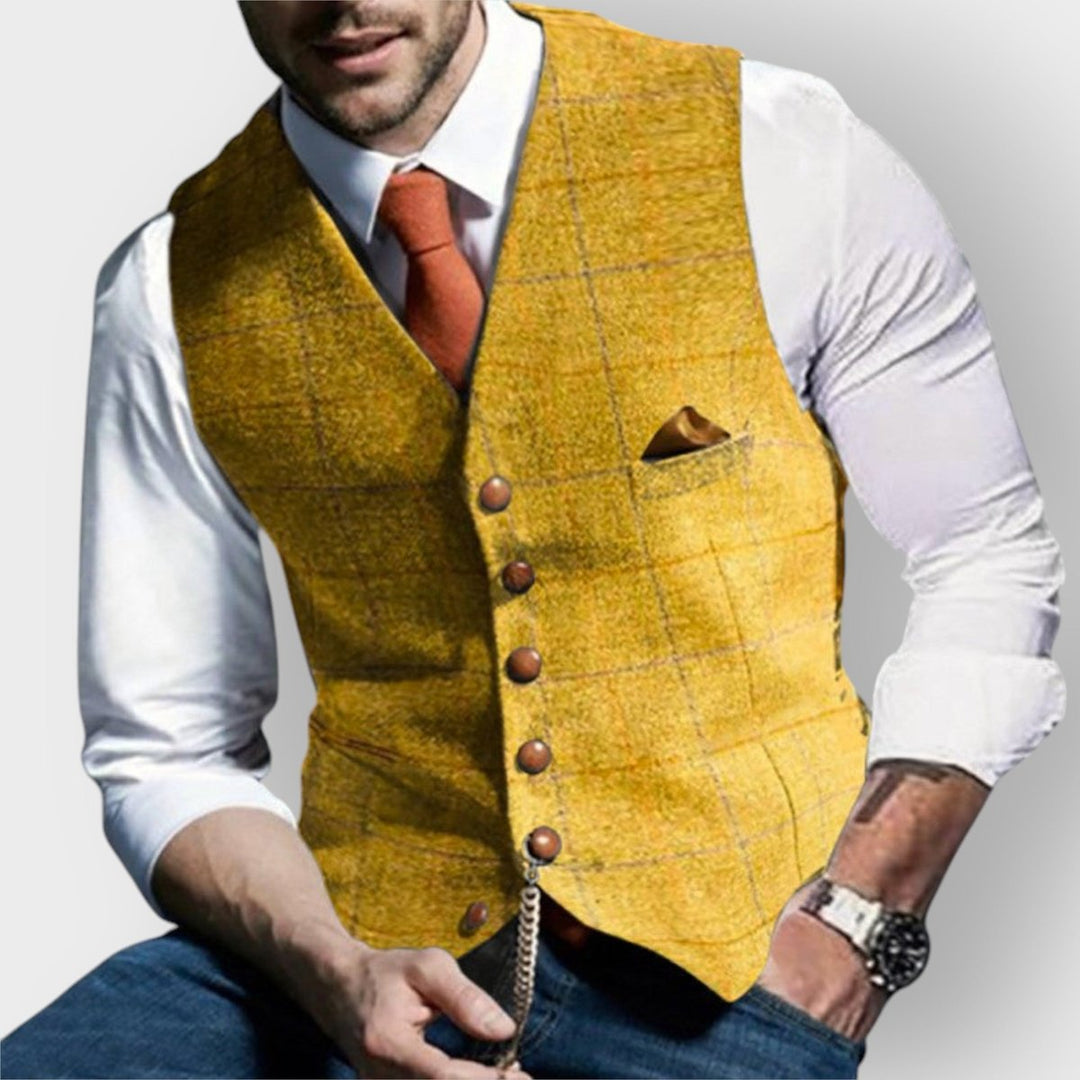 Men's Slim-Fit Plaid Tweed Button-Up Mens Gilet Vest - Yellow