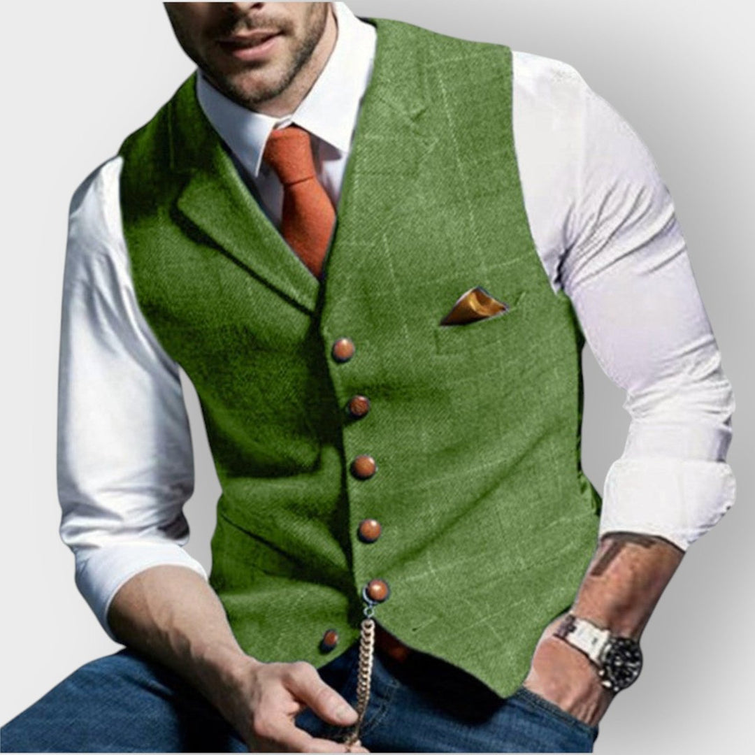 Men's Slim-Fit Plaid Tweed Button-Up Mens Gilet Vest - Green