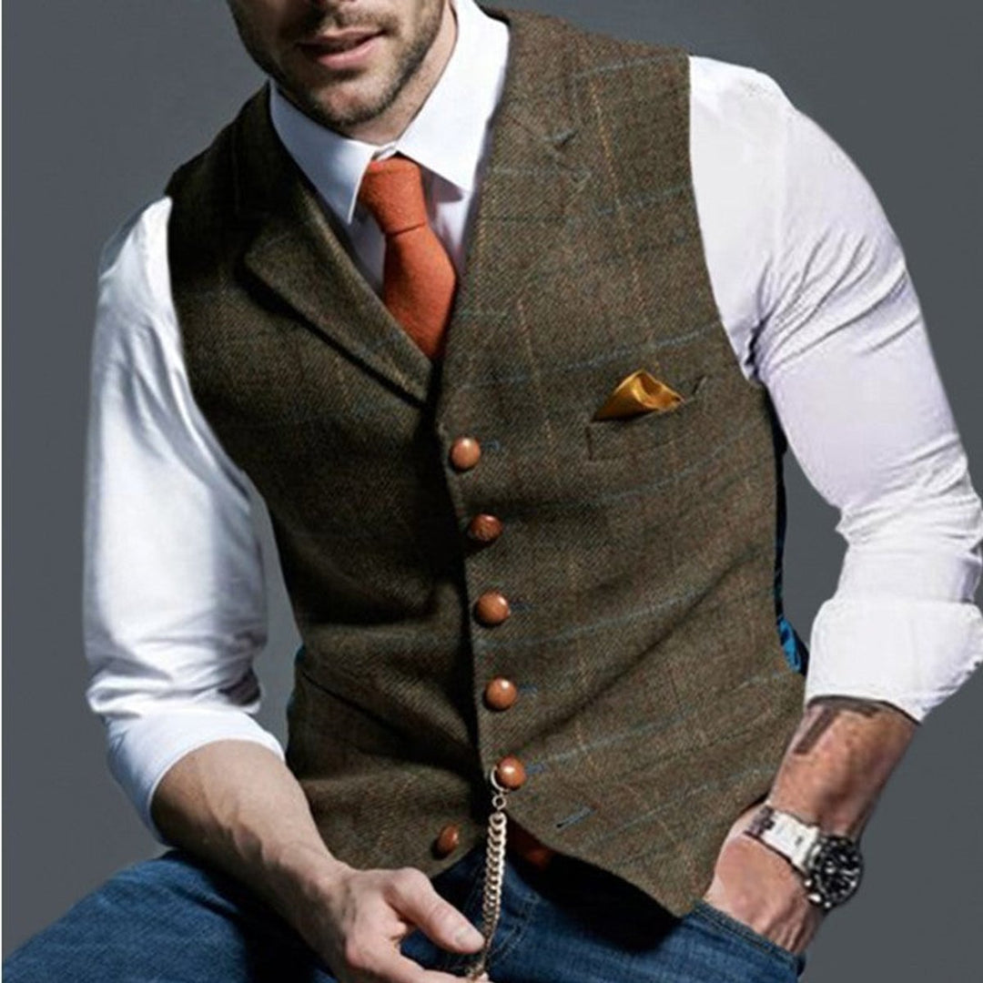 Men's Slim-Fit Plaid Tweed Button-Up Mens Gilet Vest - Brown