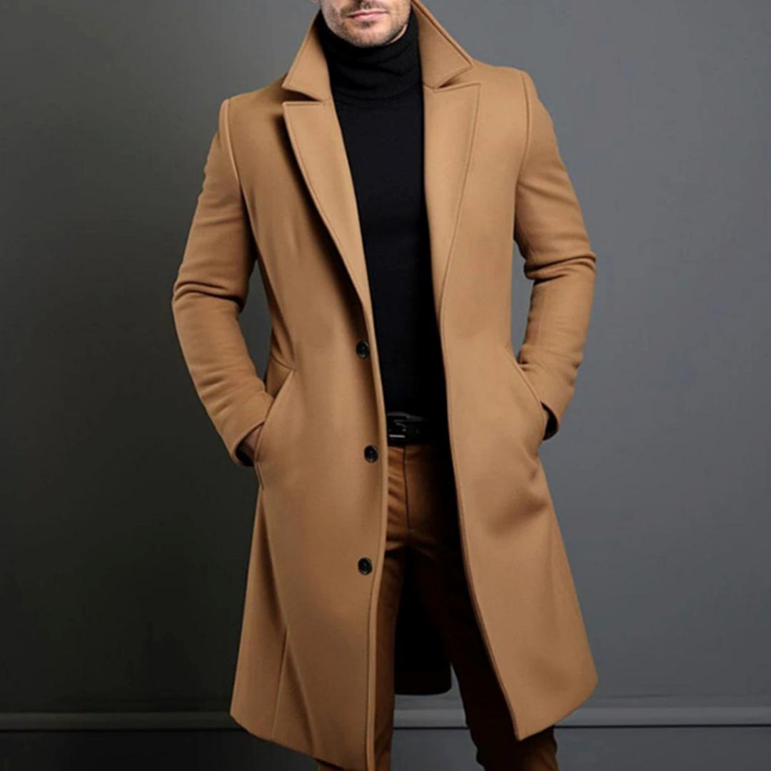 Men's Slim-Fit Single-Breasted Long Winter Coat - Brown