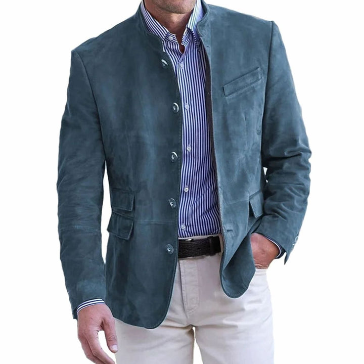 Men's Slim Fit Stand-Collar Button-Front Suede Blazer Jacket - Blue