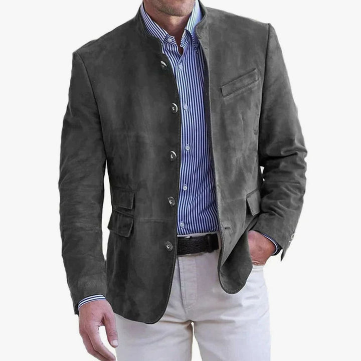 Men's Slim Fit Stand-Collar Button-Front Suede Blazer Jacket - Grey