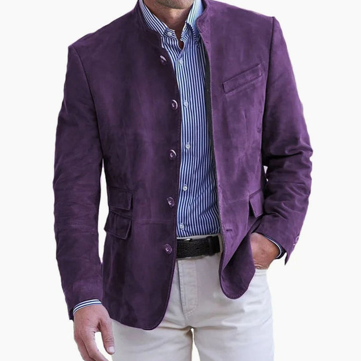 Men's Slim Fit Stand-Collar Button-Front Suede Blazer Jacket - Purple