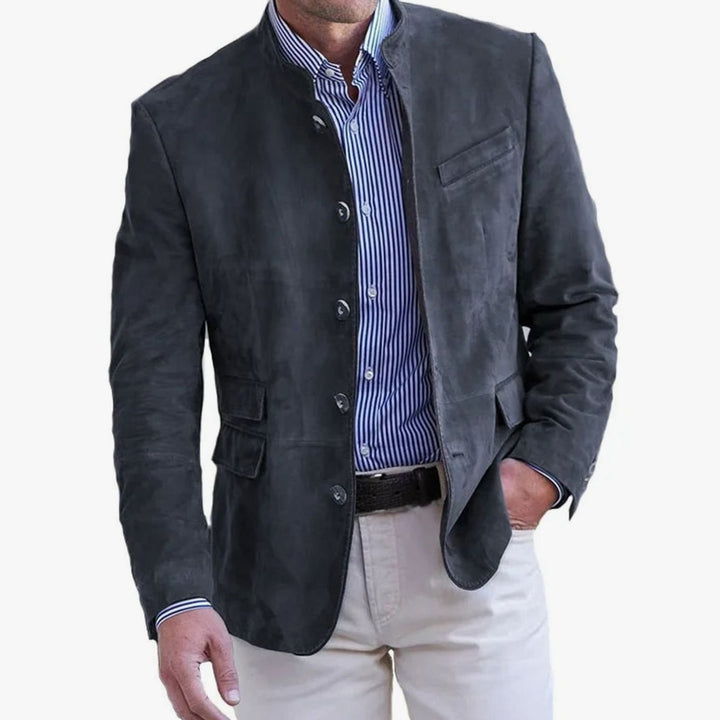 Men's Slim Fit Stand-Collar Button-Front Suede Blazer Jacket - Black