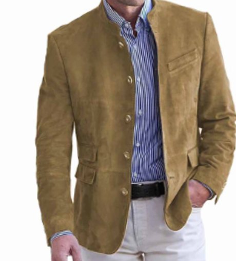 Men's Slim Fit Stand-Collar Button-Front Suede Blazer Jacket - Khaki