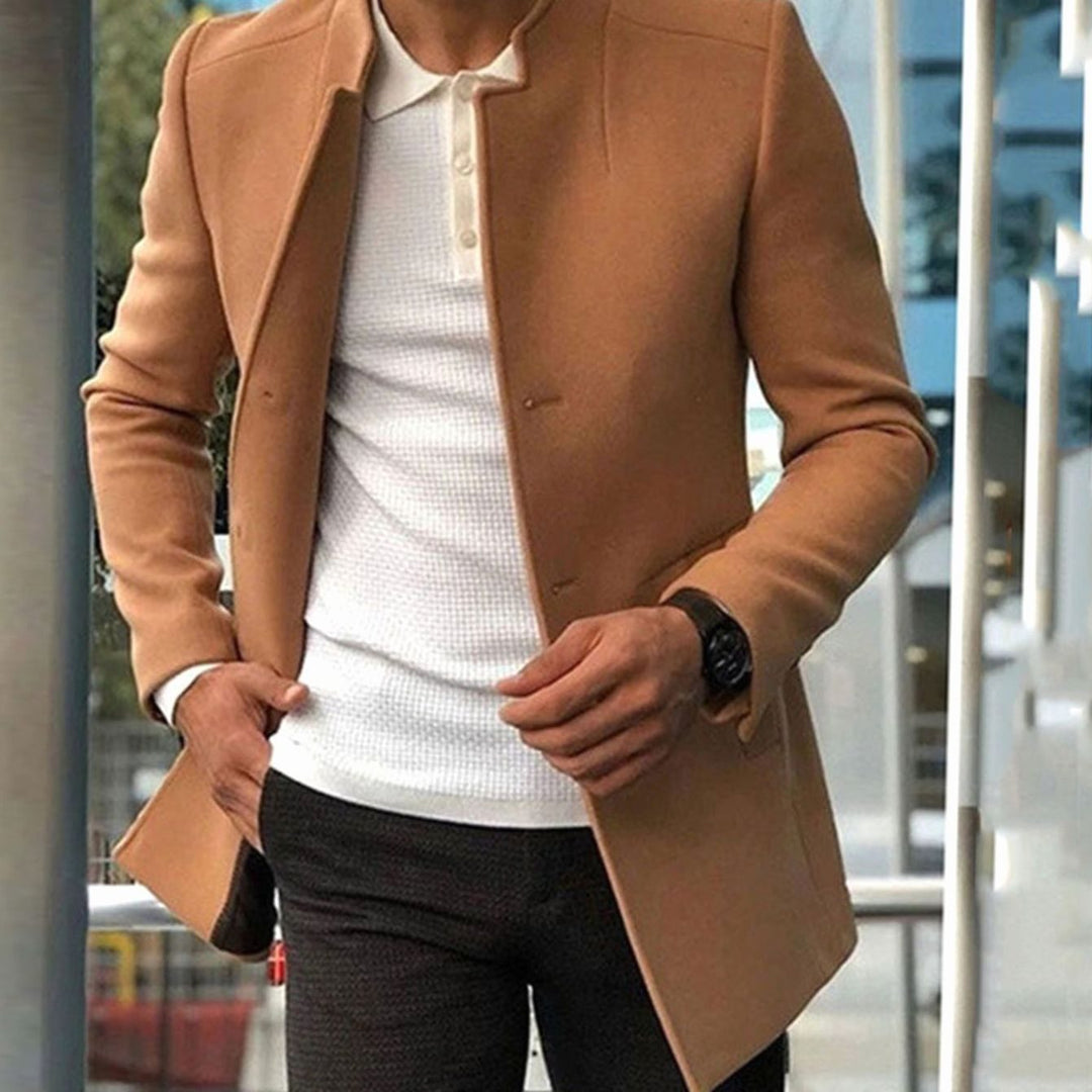 Men's Slim Fit Stand-Collar Long Coat - Khaki