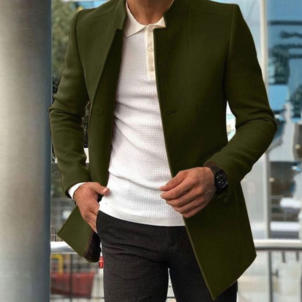 Men's Slim Fit Stand-Collar Long Coat - Army Green