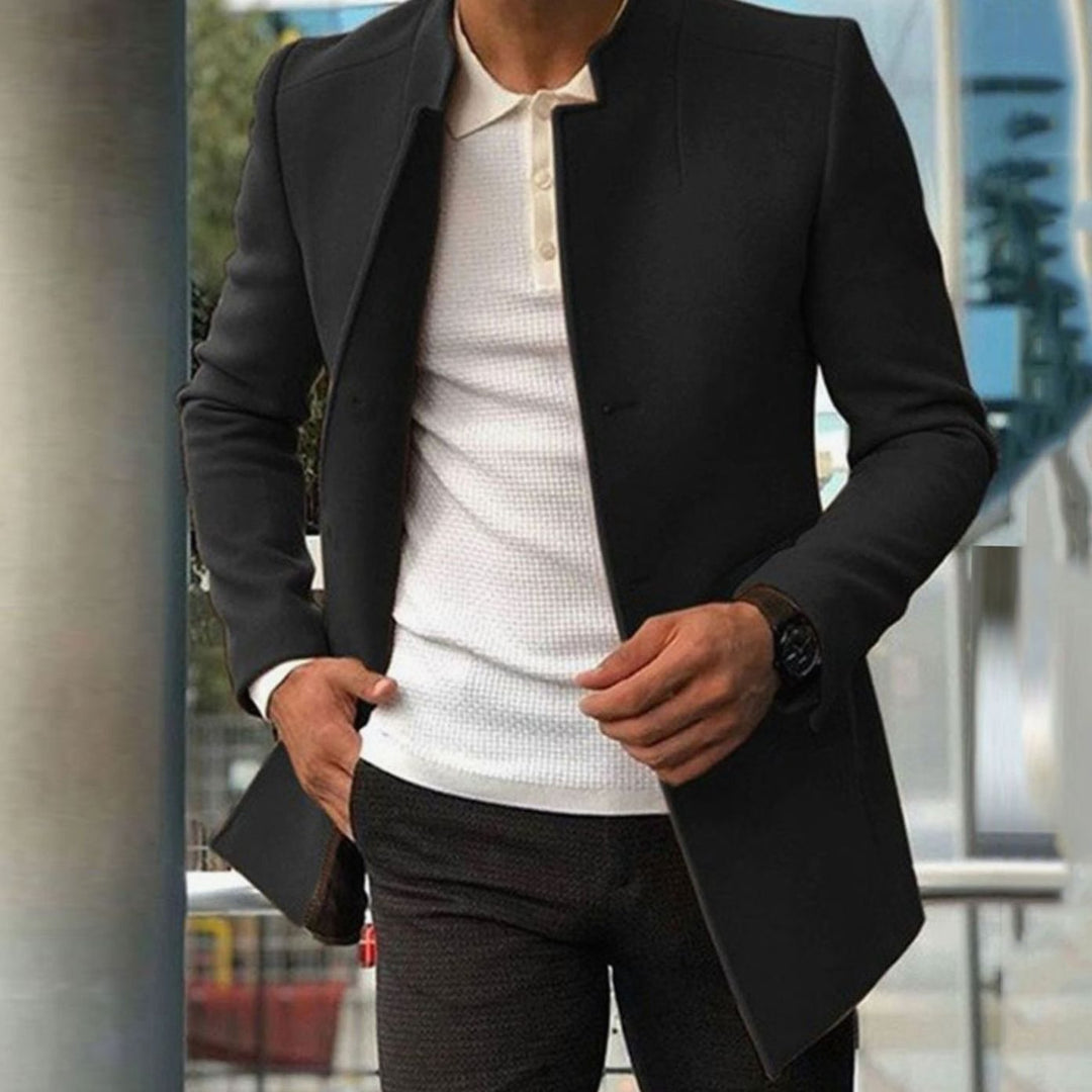 Men's Slim Fit Stand-Collar Long Coat - Black