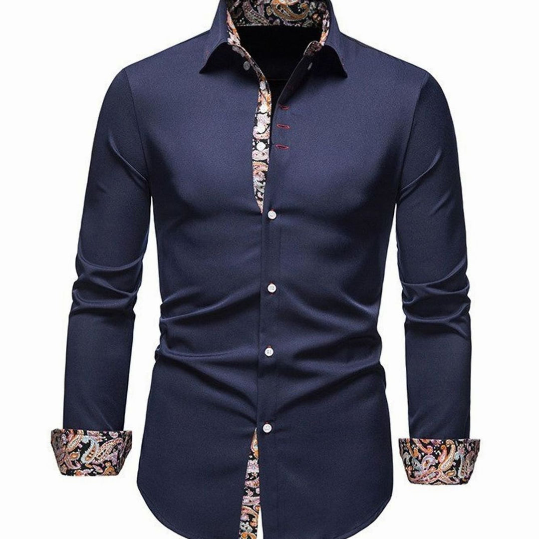 Men's Slim-Fit Stylish Shirt Paisley Contrast Cuffs - Navy Blue