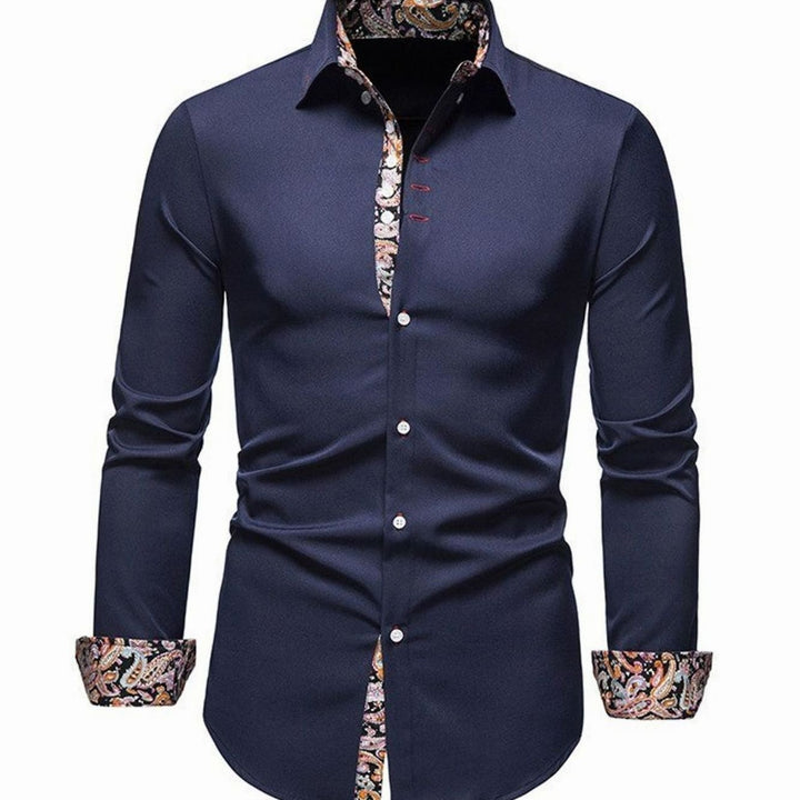 Men's Slim-Fit Stylish Shirt Paisley Contrast Cuffs - Navy Blue