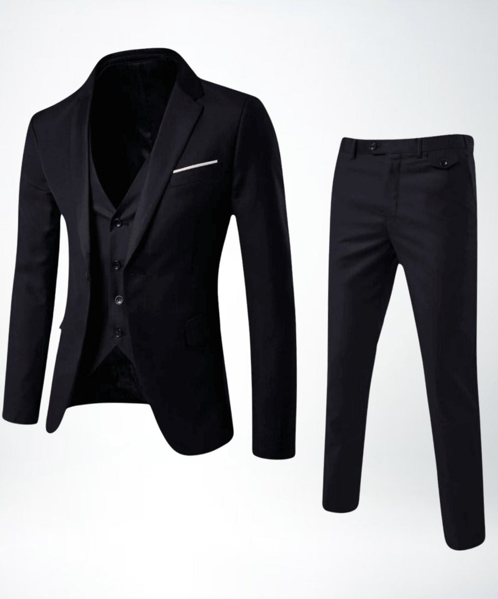 Men's Slim-Fit Three-Piece Classic Formal Suit Set - Black