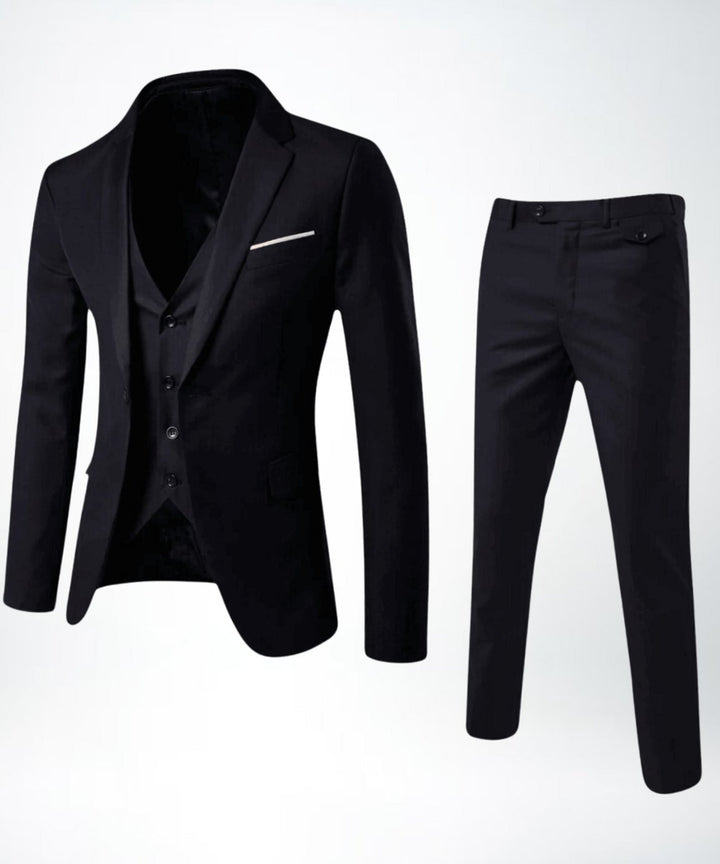 Men's Slim-Fit Three-Piece Classic Formal Suit Set - Black