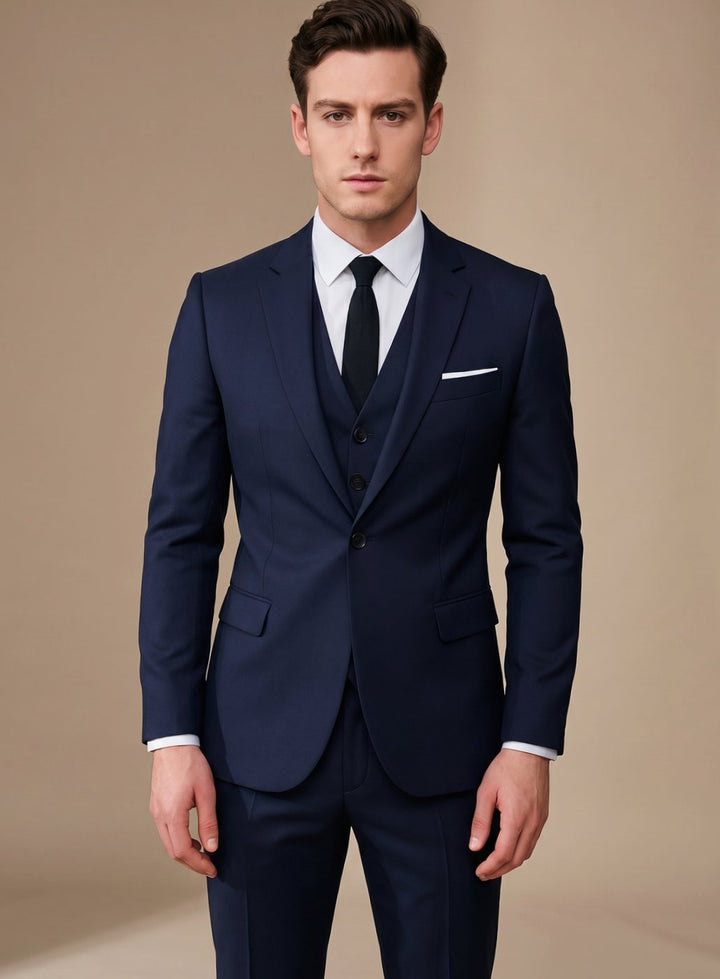 Men's Slim-Fit Three-Piece Single-Breasted Formal Suit - Navy Blue