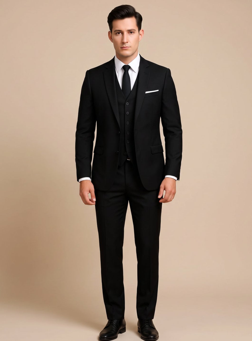 Men's Slim-Fit Three-Piece Single-Breasted Formal Suit - Black