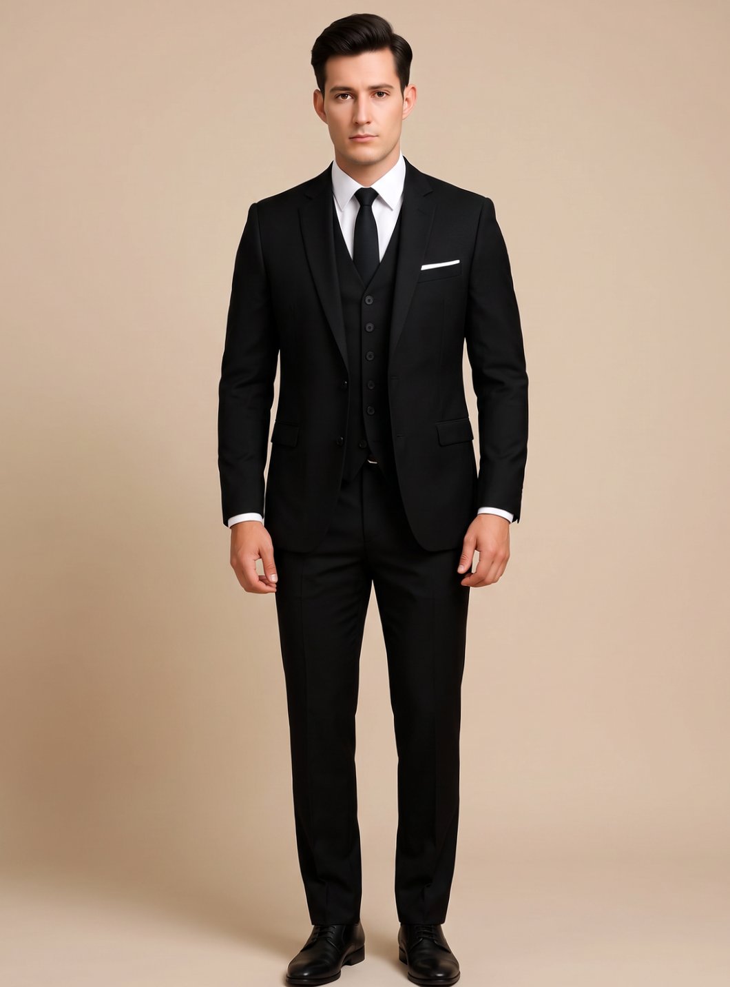 Men's Slim-Fit Three-Piece Single-Breasted Formal Suit - Black