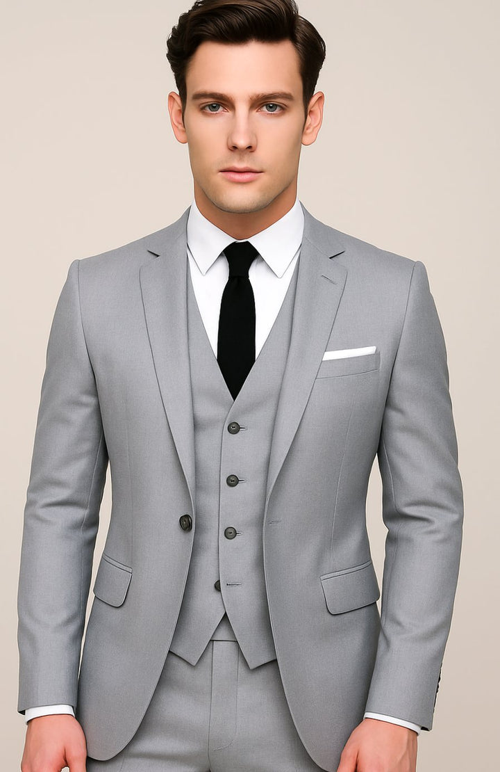 Men's Slim-Fit Three-Piece Single-Breasted Formal Suit - Gray