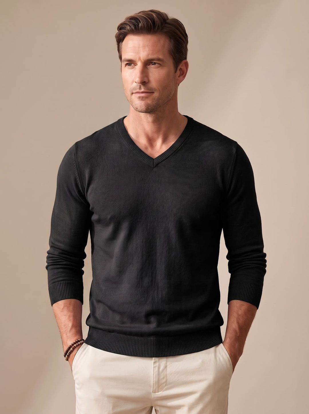 Men's Slim-Fit V-Neck Fine-Knit Stretch Pullover Sweater - Black