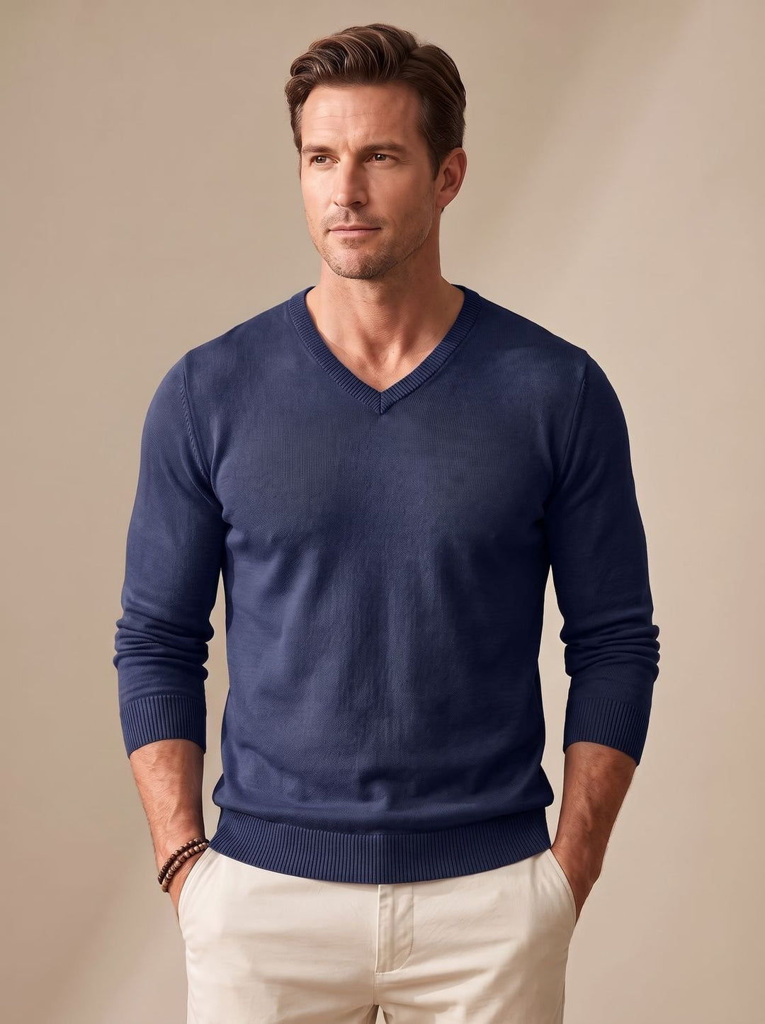Men's Slim-Fit V-Neck Fine-Knit Stretch Pullover Sweater - Navy Blue