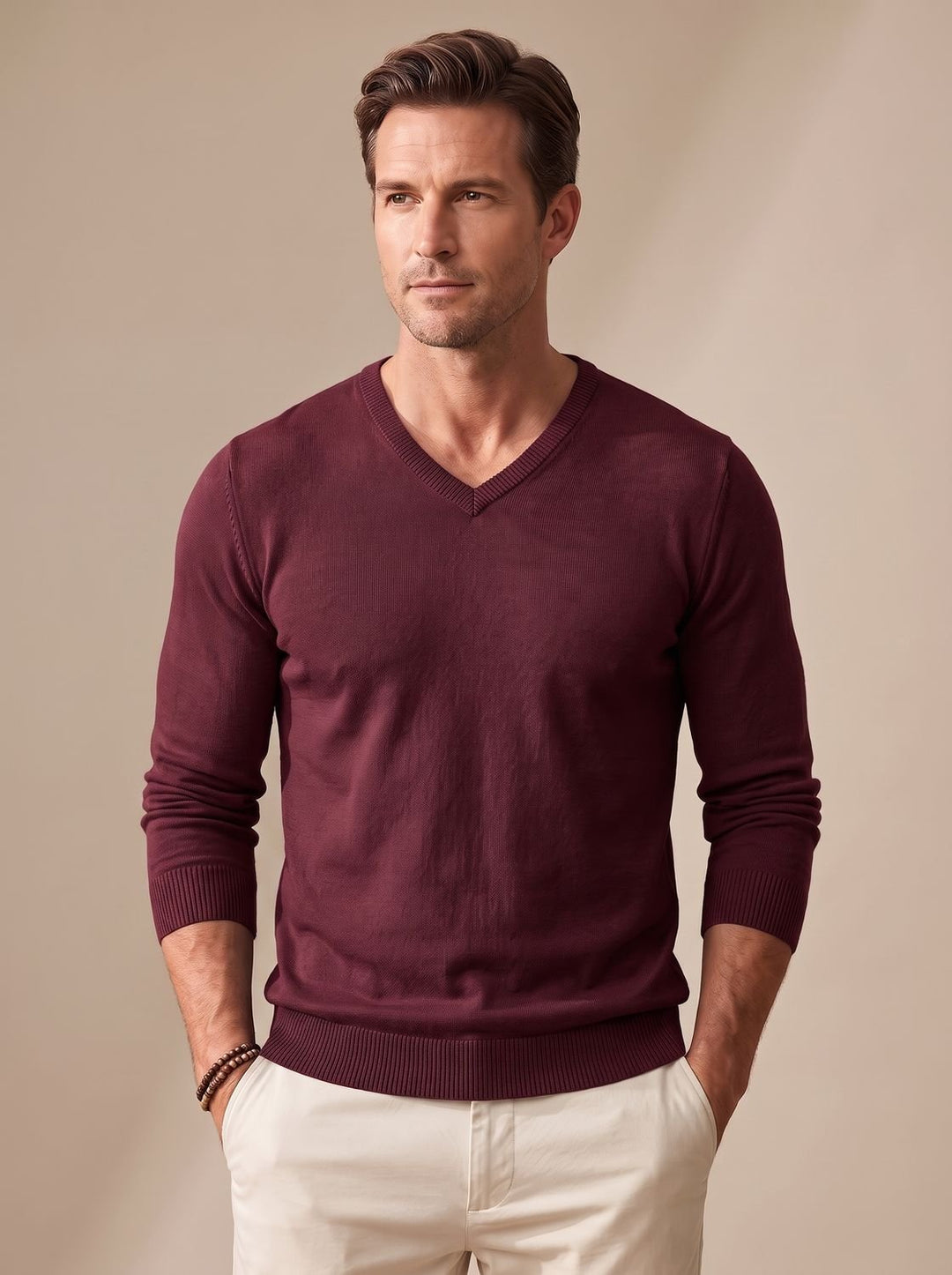 Men's Slim-Fit V-Neck Fine-Knit Stretch Pullover Sweater - Burgundy