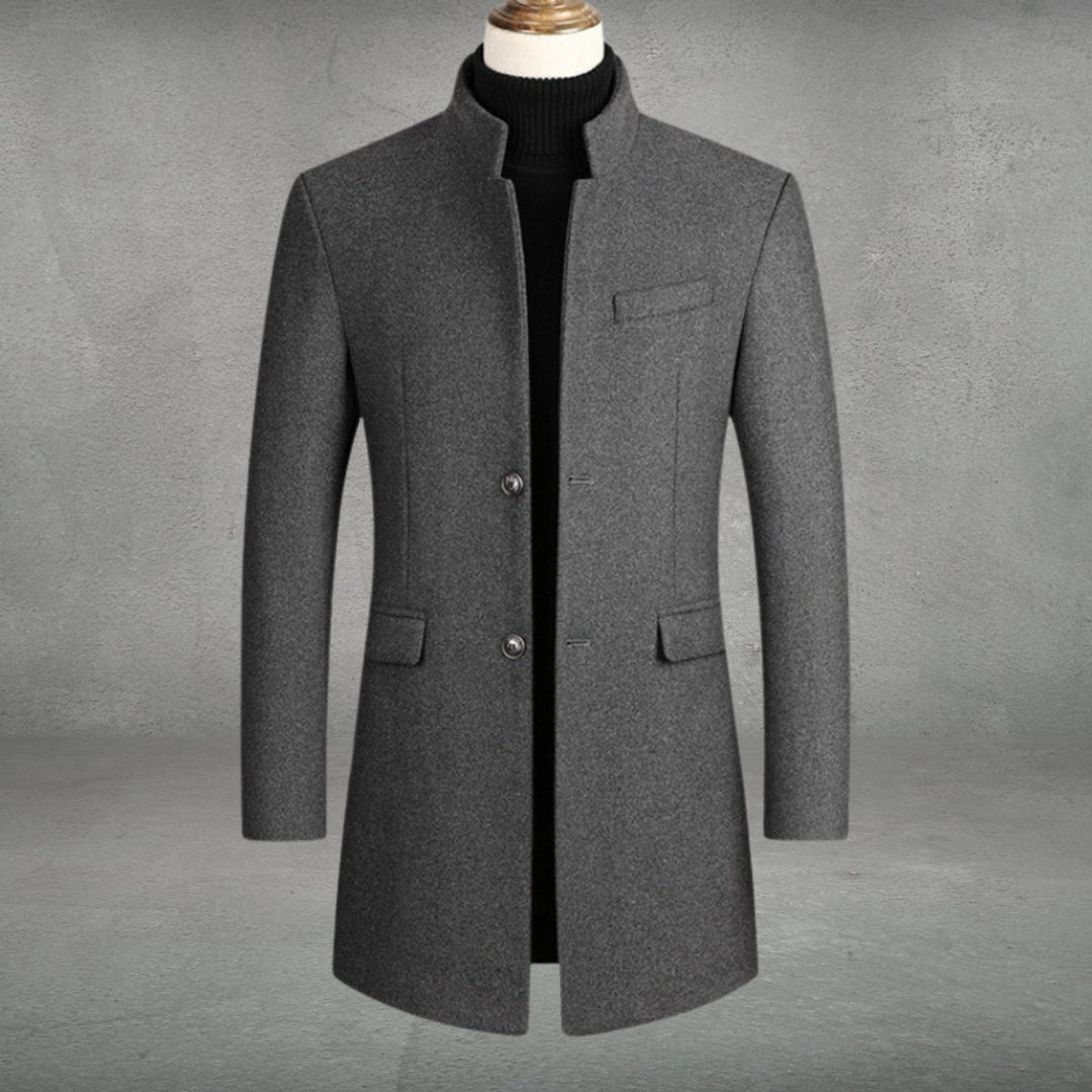 Men's Slim-Fit Wool Blend Overcoat Long Mens Wool Coat Standing Collar - Gray