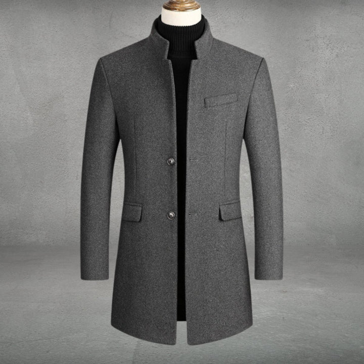 Men's Slim-Fit Wool Blend Overcoat Long Mens Wool Coat Standing Collar - Gray