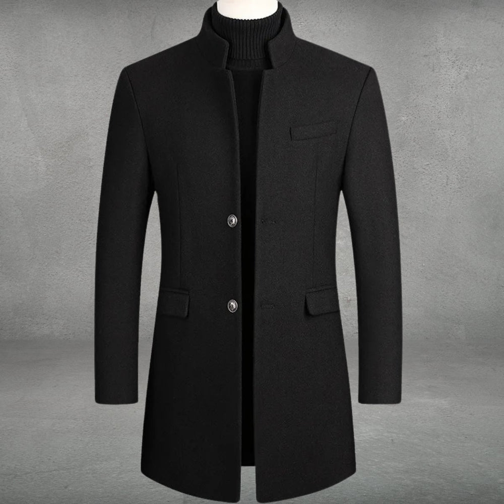 Men's Slim-Fit Wool Blend Overcoat Long Mens Wool Coat Standing Collar
