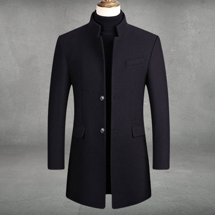 Men's Slim-Fit Wool Blend Overcoat Long Mens Wool Coat Standing Collar - Black