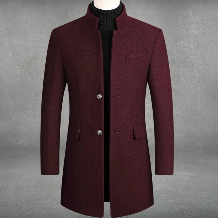 Men's Slim-Fit Wool Blend Overcoat Long Mens Wool Coat Standing Collar - Burgundy