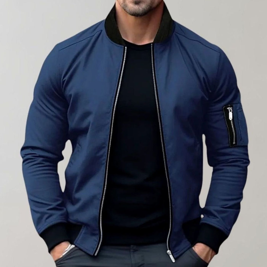 Men's Slim Fit Zip-Up Bomber Jacket Ribbed Collar Sleeve Pocket - Blue
