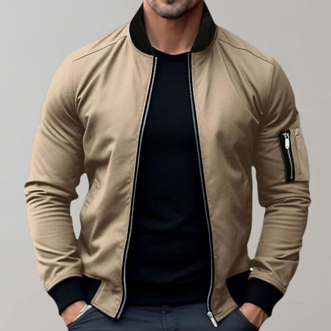 Men's Slim Fit Zip-Up Bomber Jacket Ribbed Collar Sleeve Pocket - Khaki