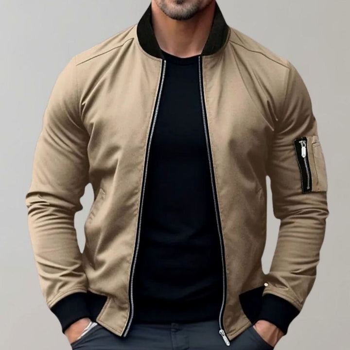 Men's Slim Fit Zip-Up Bomber Jacket Ribbed Collar Sleeve Pocket - Khaki