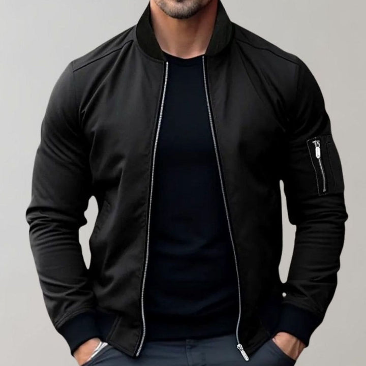 Men's Slim Fit Zip-Up Bomber Jacket Ribbed Collar Sleeve Pocket - Black