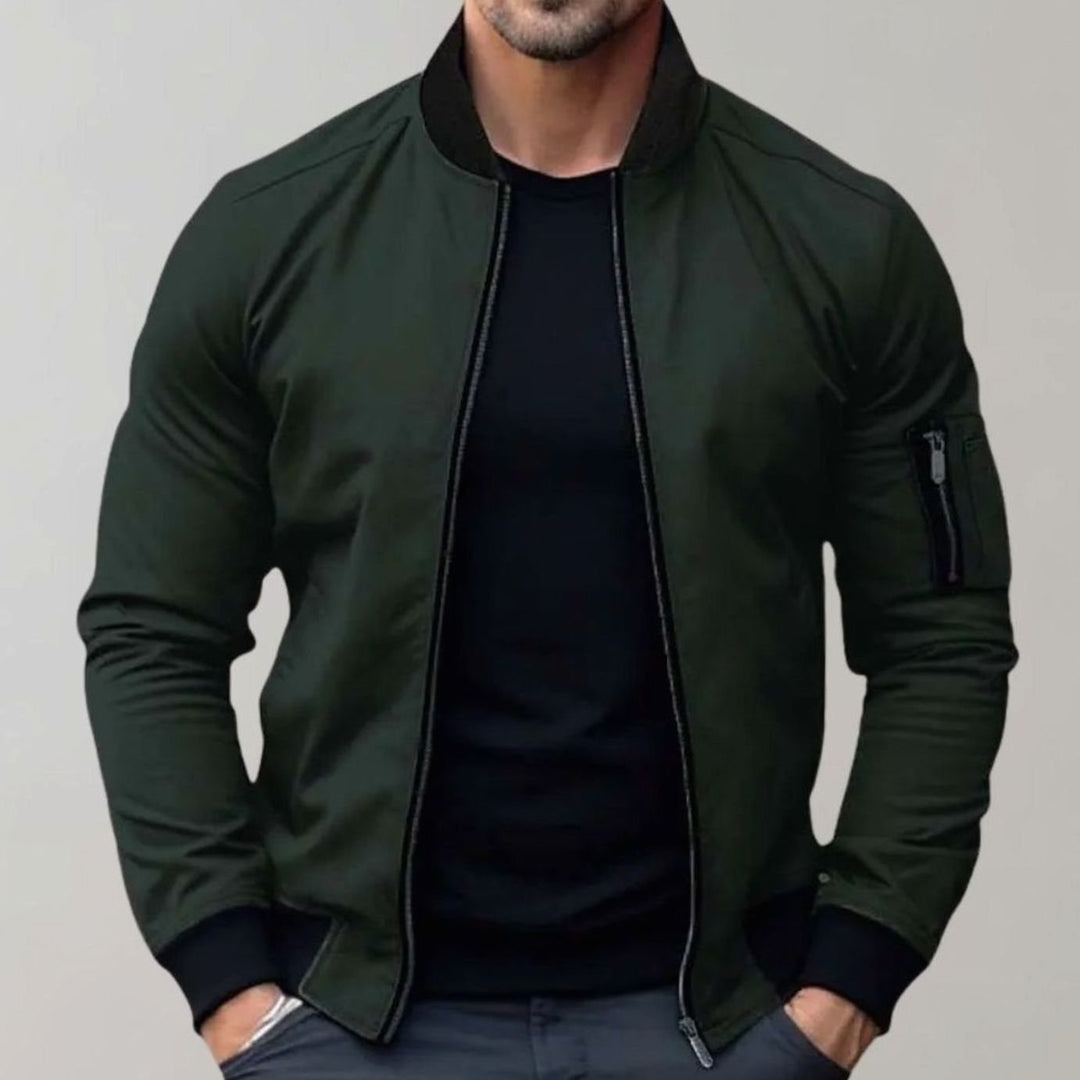 Men's Slim Fit Zip-Up Bomber Jacket Ribbed Collar Sleeve Pocket - Green