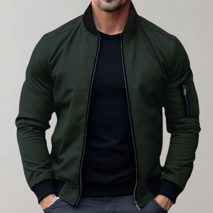 Men's Slim Fit Zip-Up Bomber Jacket Ribbed Collar Sleeve Pocket - Green