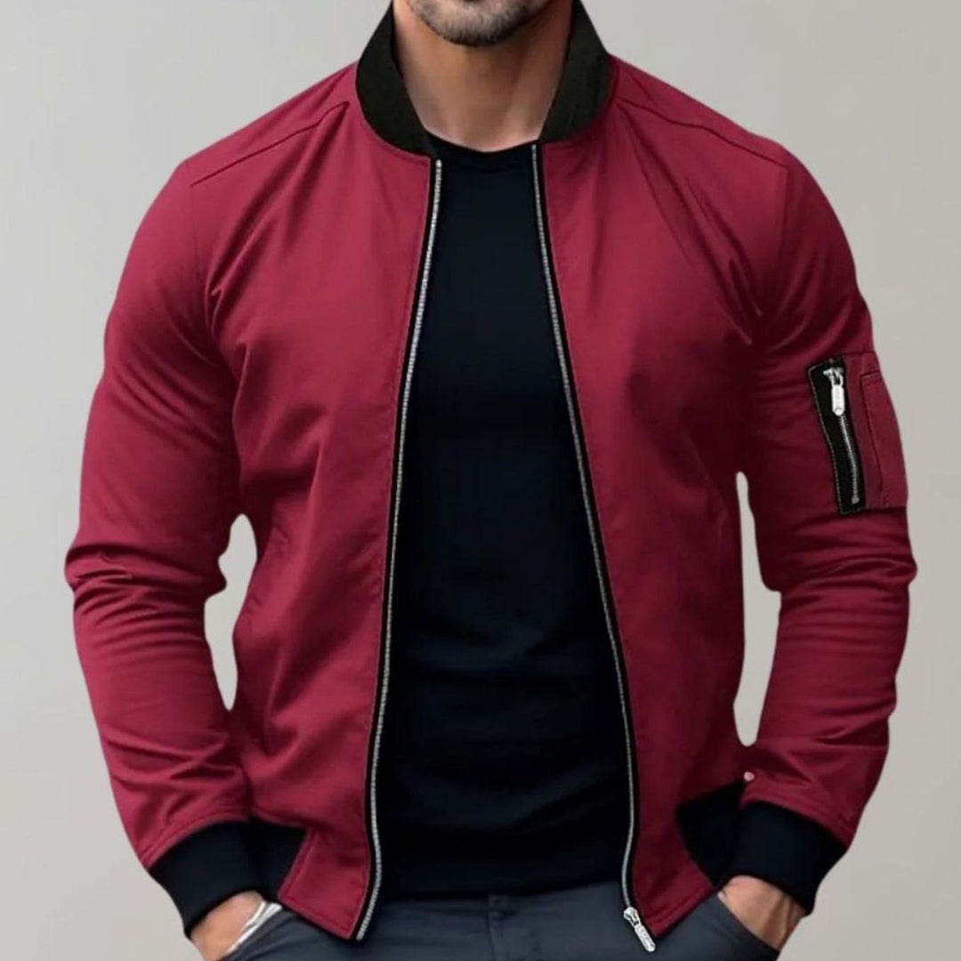 Men's Slim Fit Zip-Up Bomber Jacket Ribbed Collar Sleeve Pocket - Burgundy