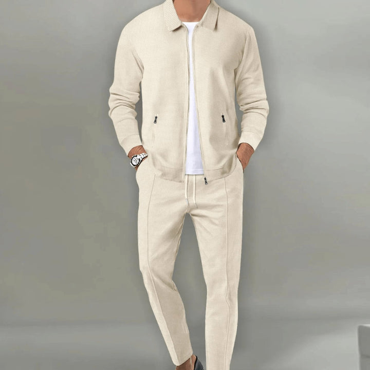 Men's Slim-Fit Zip-Up Casual Tracksuit Two-Piece Jogger Set - Beige